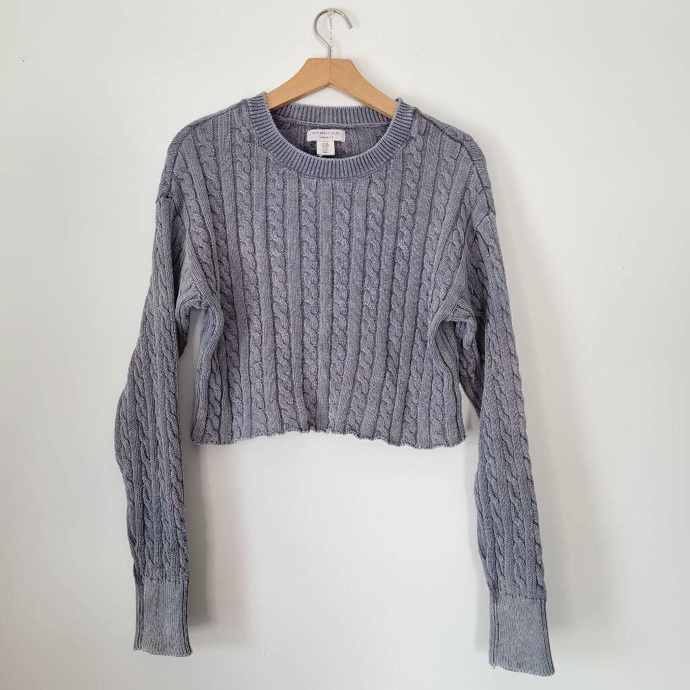 Sincerely Jules Cropped Cable Knit Sweater Gray Cotton Distressed Hole Y2K Grung